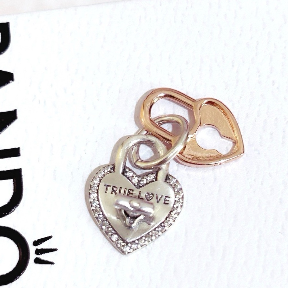 Pandora Silver Snake Chain Bracelet with Rose Gold & Silver Heart Padlock Charm - Picture 7 of 10